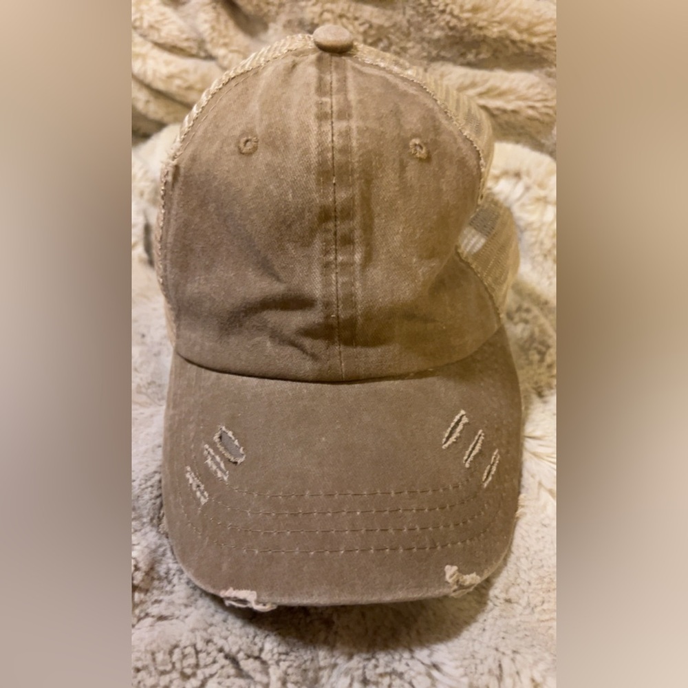 Women’s Distressed Tan Baseball Cap | Hats | Ponytail Hole Hat - Picture 1 of 11